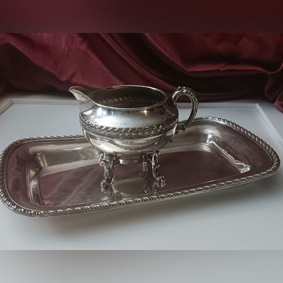 Vintage Poole Silver Co. Serving  Tray & Silver Plated Ornate Creamer - Stamped - Picture 1 of 10